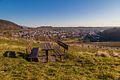 Park bench on the Weinsteig near Klingenmünster, Southern Wine Route, Rhineland-Palatinate, Germany, Europe