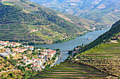 Blick auf die Einmündung des Flusses Pinhao in den Fluss Douro im Weinbaugebiet Alto Douro bei Pinhao, Portugal