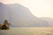City of Lugano and Lake Lugano with Mountain in a Sunny Day in Ticino, Switzerland.