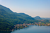 Aerial View with Mountain View over Lake Lugano in Porto Ceresio, Lombardy, Italy.