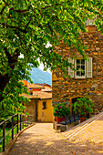 Rustic House with Cherry Tree in a Sunny Day in Vico Morcote, Ticino, Switzerland.