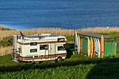 Mini campsite at Speicherkoog, Meldorf, Dithmarschen, North Sea coast, Schleswig Holstein, Germany, Europe