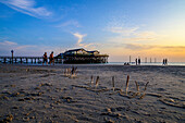 Sankt Peter Ording stilt houses on the beach, Sankt Peter Ording, North Friesland, North Sea coast, Schleswig Holstein, Germany, Europe