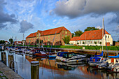 Port with packing house, Toenning, Eiderstedt peninsula, North Friesland, North Sea coast, Schleswig Holstein, Germany, Europe