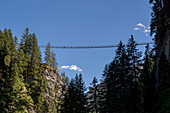 Holzgau suspension bridge, European long-distance hiking trail E5, crossing the Alps, Holzgau, Tyrol, Austria