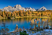 Mountain lake Lago Federa with larch trees colored in autumn and Sorapis and Antelao in the background, Lago Federa, Dolomites, UNESCO World Natural Heritage Dolomites, Venetia, Venetia, Italy
