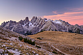 Cristallogruppe in der Morgendämmerung, vom Strudelkopf, Dolomiten, UNESCO Weltnaturerbe Dolomiten, Südtirol, Italien
