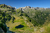 Tiefblick auf Lacs du Glacier, Rutorgruppe, Grajische Alpen, Aosta, Italien