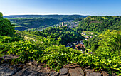View from the Oberburg to the impressive Niederburg ruins of Kobern-Gondorf in spring, Moselle, Rhineland-Palatinate, Germany