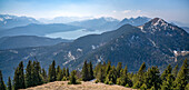 View from the summit of the Hirschhörndlkopf on the Walchensee and the surrounding mountains, Bavaria, Germany