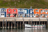 Boerteboote and lobster shacks in the harbor of Heligoland, island, North Sea, Schleswig-Holstein, Germany