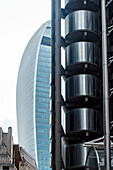 Lloyd&#39;s of London, built from 1978 to 1986, architect Richard Rogers, Walkie Talkie skyscraper behind, City of London, financial district, London, Great Britain