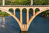 The distinctive pillar of the stone bridge over the Douro in Peso da Regua in the Alto Douro wine region in Portugal