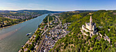 Luftaufnahme und Panorama der Marksburg bei Braubach sowie dem Rhein, Mittelrheintal, Deutschland