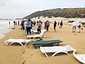 Tourists visiting the abandoned Golden Beach. North Cyprus,Karpass Peninsula.