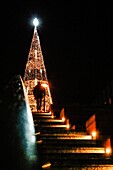 Gdansk,Poland A man walks up the steps to giant illuminated Christmas tree in the Old Town.