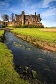 Die mittelalterliche Burg in Laugharne in Carmathernshire, eingefangen an einem sonnigen Abend Mitte April.