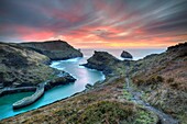 The entrance to the harbour at Boscastle,on the north coast of Cornwall. Captured from a high vantage point,at sunset in early March.