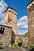 Mittelalterliche Svaneti-Turmhäuser aus Stein von Ushguli, Upper Svaneti, Samegrelo-Zemo Svaneti, Mestia, Georgia. Ushguli ist eine Gruppe von vier abgelegenen Dörfern. Mit 2.200 m (7217 ft) über dem Meeresspiegel in den Bergen des Kaukasus sind dies die höchstgelegenen bewohnten Dörfer Europas. Chazhashi hat 13 gut erhaltene svanetische Verteidigungsturmhäuser aus Stein, die an steinerne Familienhäuser angeschlossen sind. Ein UNESCO-Weltkulturerbe.