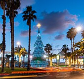 Las Palmas,Gran Canaria,Canary Islands,Spain. A huge christmas tree welcomes shoppers outside one of the largest shopping malls (Las Arenas) in Las Palmas,the capital of Gran Canaria.