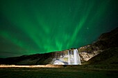 Seljalandsfoss Waterfall and Aurora Borealis,Iceland.