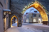 Winter evening at the city gates in Tallinn old town,Estonia.