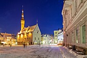 Winter evening at the town hall in Tallinn old town,Estonia.
