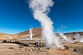 Dampf steigt aus heißen Quellen im geothermischen Becken der Geysire El Tatio in der Nähe von San Pedro de Atacama in der Atacama-Wüste im Norden Chiles auf.