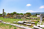 Heraion von Samos, großer Tempel mit Säule, archäologische Stätte des antiken Heiligtums der griechischen Göttin Hera bei Ireon auf der Insel Samos in Griechenland