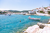 Kokkari, old town with harbor and fishing boats on Samos island in Greece