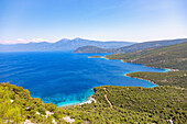 Coastal panorama of the Bay of Mourtias with lonely bathing bays and a view of the Turkish coast in the east of the island of Samos in Greece