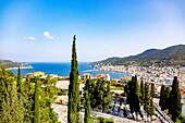 Urban panorama of Samos town overlooking Vathy bay and Thios mountain of Samos island in Greece