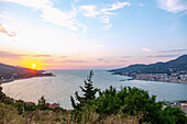 Samos town overlooking Vathy bay at sunset on Samos island in Greece