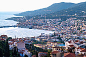 Urban panorama of Samos town overlooking Vathy bay and Thios mountain on Samos island in Greece