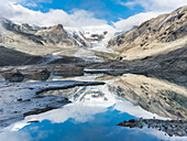 Mt. Johannisberg at Mt. Grossglockner with Pasterze glacier, which is retreating dramatically. New formed glacial lakes as sign of the rapid retreat. Austria, September (Large format sizes available