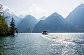 Panorama mit See und Bergen und Kursschiff, Sisikon, Vierwaldstättersee, Kanton Uri, Schweiz