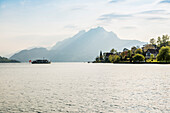 Panorama with lake and mountains and scheduled boat, Pilatus in the background, Hertenstein, near Weggis, Lake Lucerne, Canton of Lucerne, Switzerland