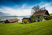 Boathouses on the lake, Meggen, Lake Lucerne, Canton of Lucerne, Switzerland