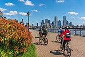 View of cyclists on the Thames Path at Wapping and Canary Wharf Financial District in the background, London, England, United Kingdom, Europe