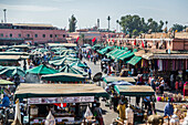 Shops and restaurants around Jemaa el-Fna Square, UNESCO World Heritage Site, Marrakech, Morocco, North Africa, Africa