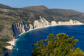Elevated view over Fteri Beach and the surrounding bay, Kefalonia, Ionian Islands, Greek Islands, Greece, Europe