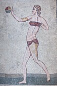 Mosaic of female gymnast, The Roman Villa del Casale (Villa Romana del Casale), UNESCO World Heritage Site, Piazza Armerina, Enna, Sicily, Italy, Europe