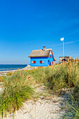 Ferienhäuser am Strand auf der Halbinsel Graswarder bei Heiligenhafen, Schleswig-Holstein, Deutschland