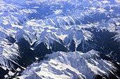Rocky Mountains in winter near Jasper, from plane, British Columbia, Canada West