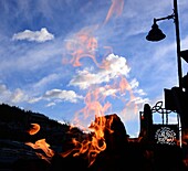 Fire and clouds, apres ski at Target Room, Whistler, British Columbia, Canada West