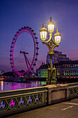 The London Eye with ornate lamp post on Westminster Bridge, London, England, United Kingdom, Europe