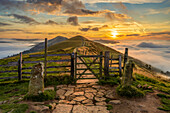 Entrance gate to The Great Ridge at sunrise, Peak District National Park, Derbyshire, England, United Kingdom, Europe