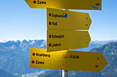 Signpost, European long-distance hiking trail E5, crossing the Alps, Zams, Tyrol, Austria