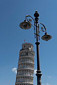 Leaning Tower of Pisa, historic street lamp, Campo dei Miracoli, Pisa, Tuscany, Italy