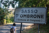 Entrance sign of Sasso d'Ombrone, belongs to the municipality of Cinigiano, province of Grosseto, Tuscany, Italy